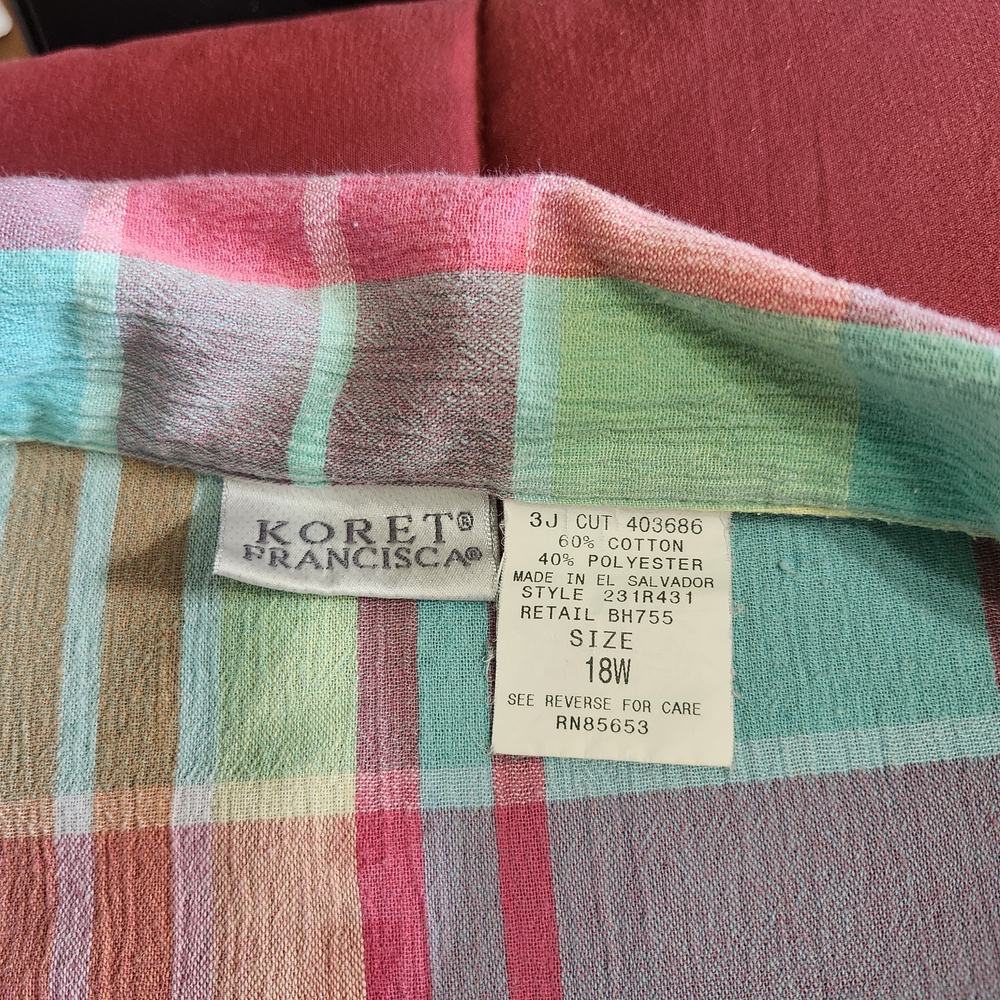 Koret Francisca Vintage Plaid Button Up Shirt 18W Pastel Shoulder Pads 80s 90s!! - Picture 5 of 9